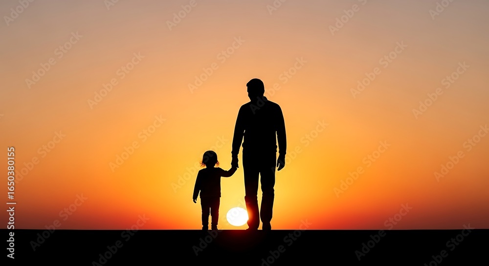 Fototapeta premium Together Toward Tomorrow: Silhouettes of Adult and Child Walking into Sunset