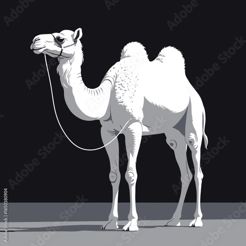 Camel walking through desert and relaxing on beach in a cartoon style illustration