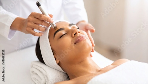 A professional skin treatment being administered to a woman by a healthcare professional