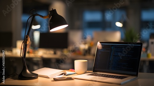 A developer's workstation with an empty notebook and coffee mug under soft desk lamp lighting.