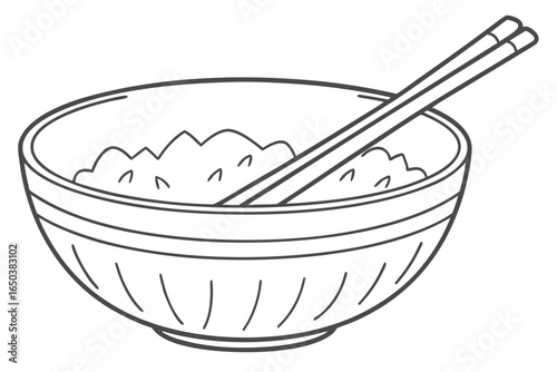 Illustration of a bowl full of rice with chopsticks resting on top, in black and white outline style