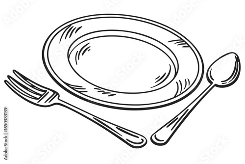 Illustration of a dinner plate with a fork and spoon set for a meal presentation drawing style