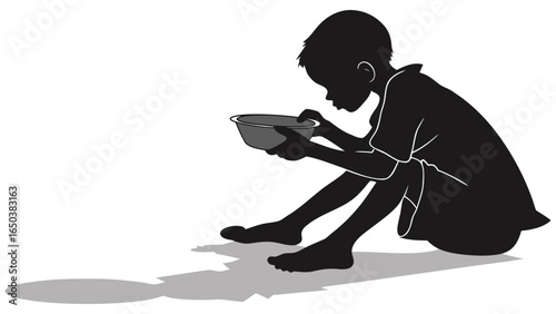 Silhouette of a young child sitting and holding an empty bowl looking down in a somber manner