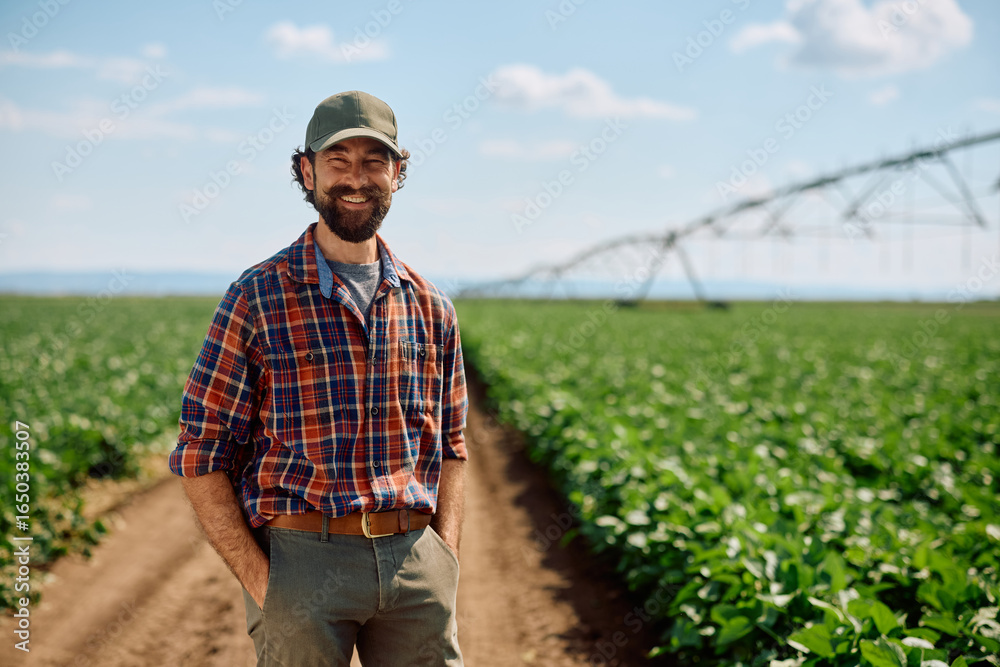 Fototapeta premium Happy farmer with hands in pockets standing in the field and looking at camera.