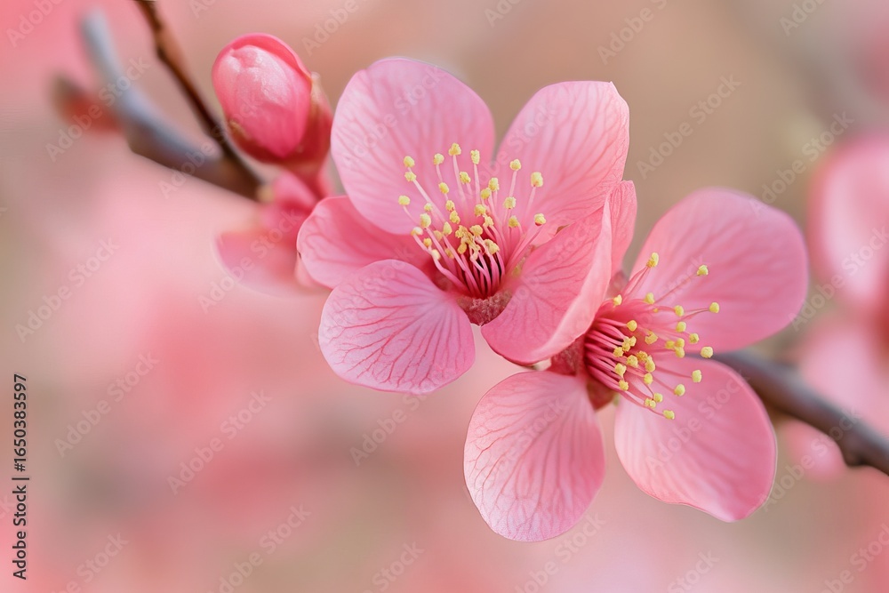 Close-up of delicate pink blossoms on a branch (1) Close-up of delicate pink blossoms on a branch (1)