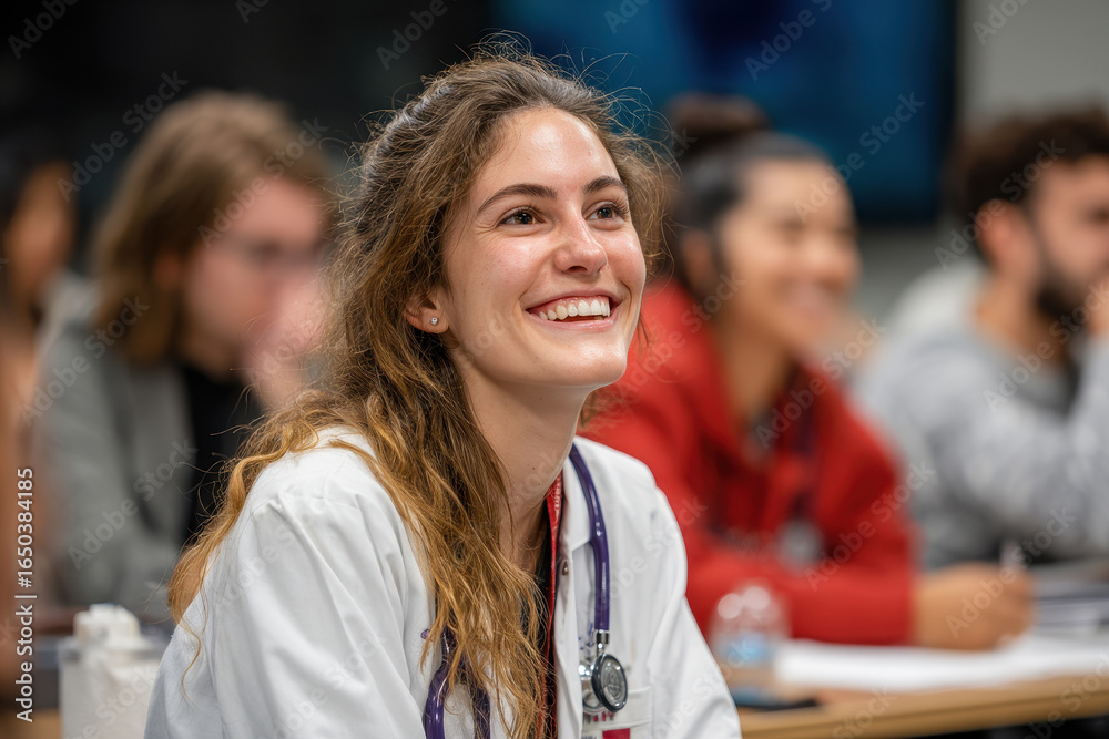 Fototapeta premium Medical student engaged in classroom learning, showcasing enthusiasm and dedication to the field of medicine, surrounded by peers at a university setting
