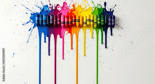 Melted crayons dripping vibrant colors onto white background, creating colorful splatter art.