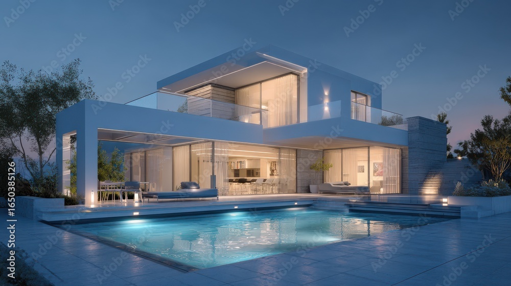Fototapeta premium external view of a contemporary house modern villa at sunset no logos no brands ar 169
