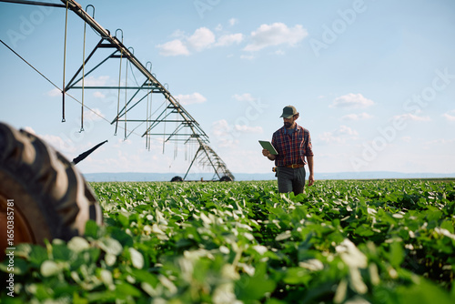 Agriculturist using touchpad while inspecting the corps on his farm.