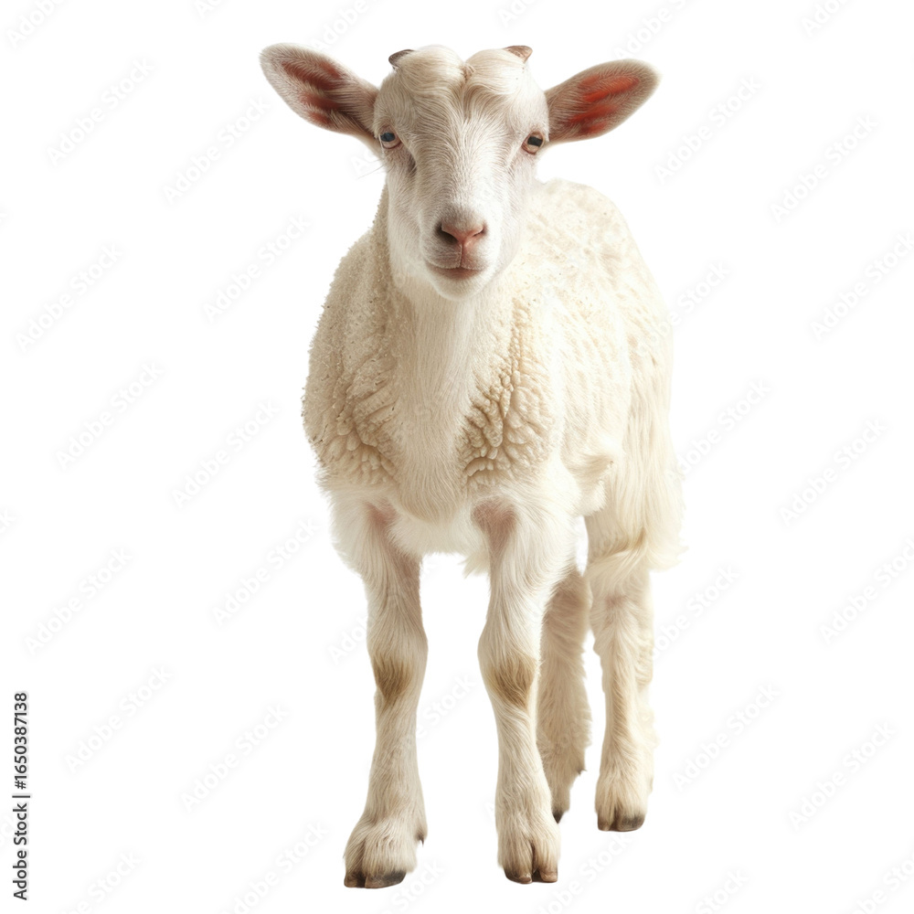 Obraz premium A young, fluffy white lamb stands facing the camera, showcasing its soft fur and adorable features. background removed