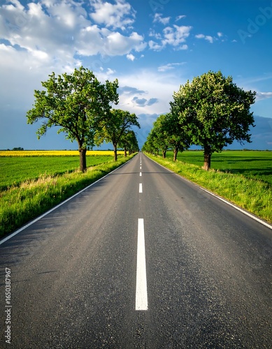 A long, straight road lined with trees leads to a vibrant, sunny horizon