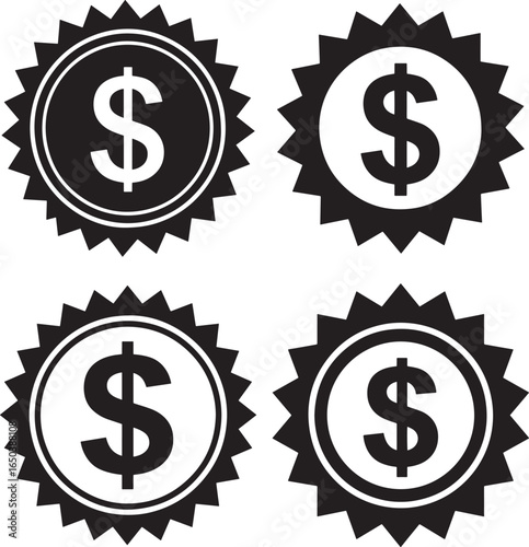 Four black and white dollar sign badges silhouette