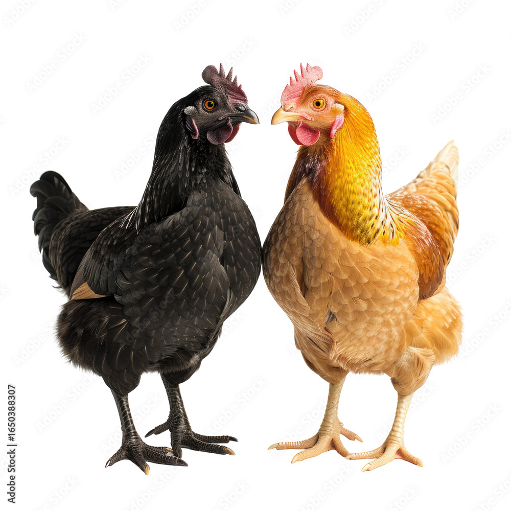 Fototapeta premium A black and a light brown hen stand facing each other, showcasing their distinct plumage. background removed