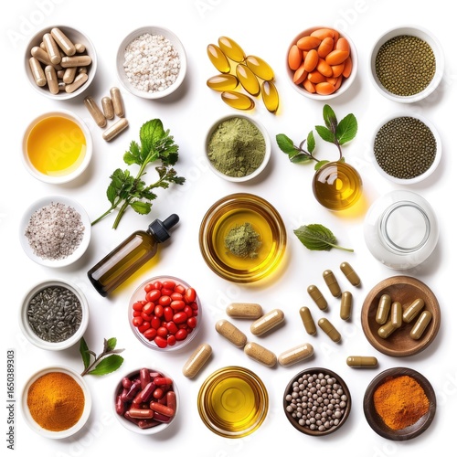 Assorted health supplements and foods in small bowls on white background