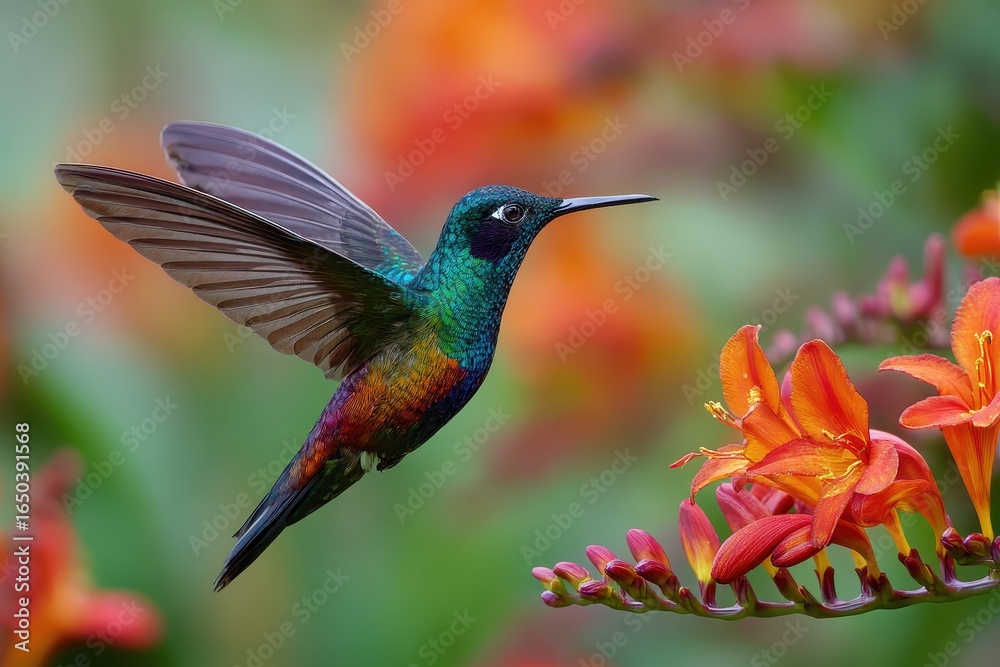 Naklejka premium Colorful fiery throated hummingbird hovering near vibrant orange flowers in a tropical garden setting