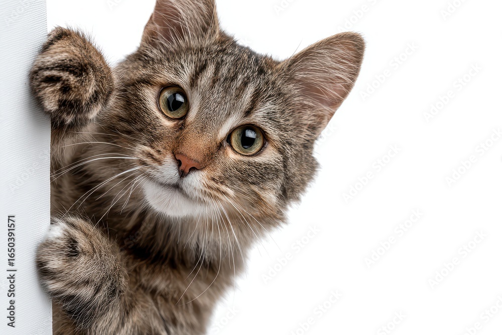 Fototapeta premium Happy cat peeks out from behind a banner with an adorable expression, showcasing curiosity and playfulness in a bright setting