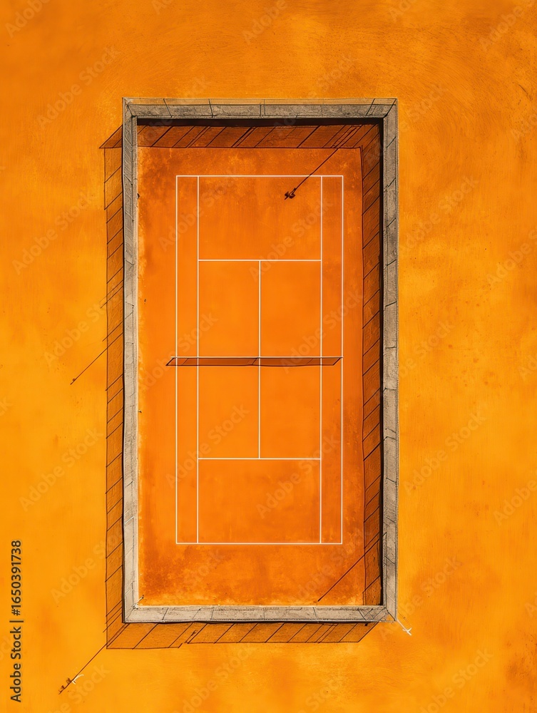 Fototapeta premium aerial view of orange clay tennis court showing the net and markings representing sport competition and healthy lifestyle