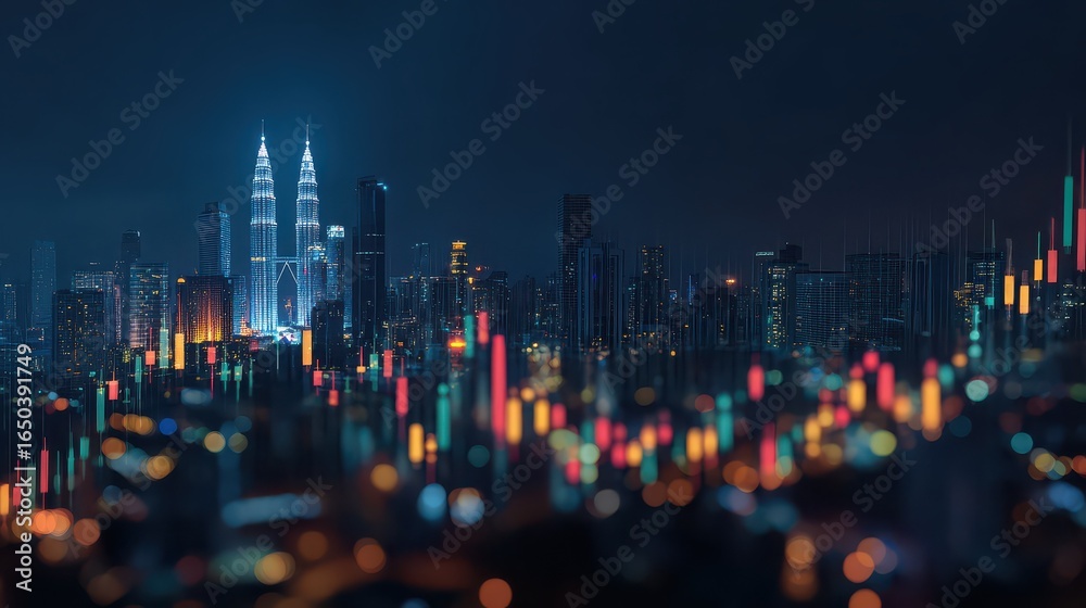 Naklejka premium forex trade market concept with digital indicators graphs financial diagram at night kuala lumpur city background double exposure no logos no brands ar 169