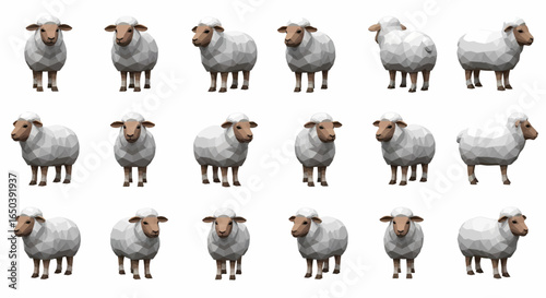 A collection of fluffy white sheep displayed from various angles, showcasing their woolly coats and gentle demeanor in a clean, isolated presentation.