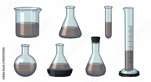 A collection of various laboratory glassware including beakers, flasks, and a graduated cylinder filled with a brown liquid.