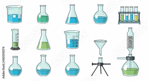 A collection of various laboratory glassware, including flasks, beakers, a graduated cylinder, test tubes, a funnel, and a distillation apparatus, filled with colorful liquids.