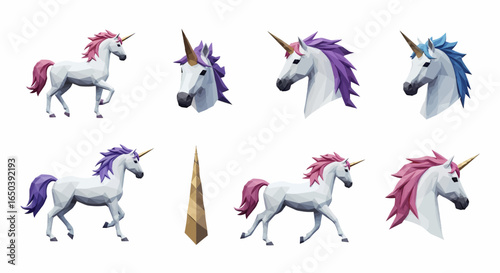 A collection of stylized unicorn illustrations, featuring full-body depictions and headshots with vibrant, colorful manes and tails, alongside a single golden horn.