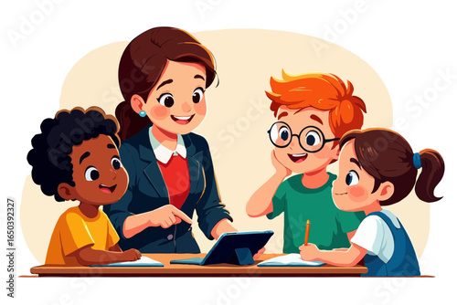 Teacher guiding diverse students with a tablet and books