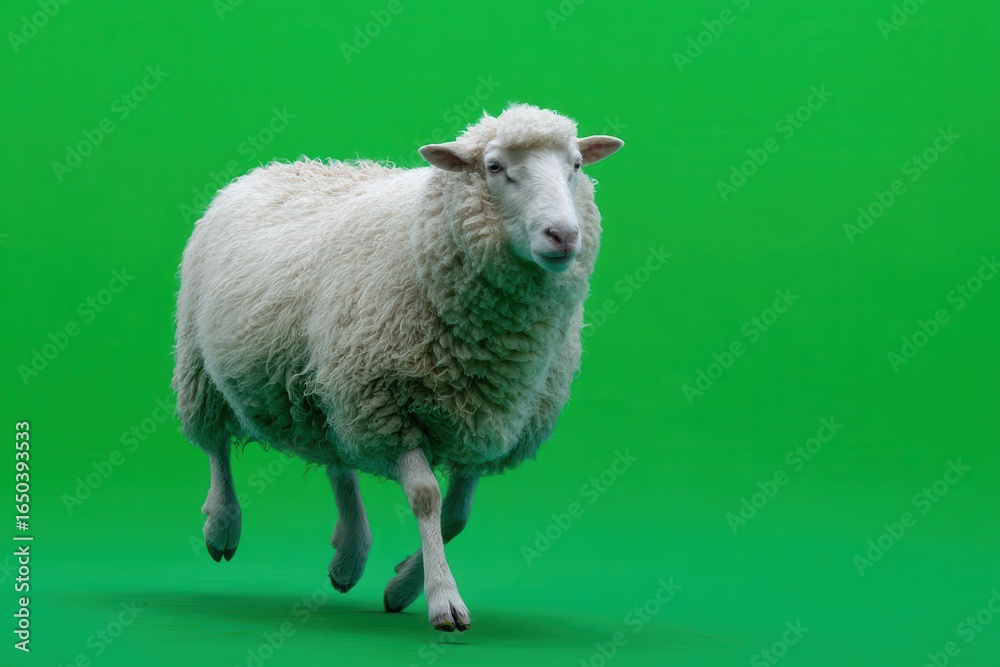 Fototapeta premium Realistic sheep walking on a vibrant green screen background in an indoor setting during daylight hours