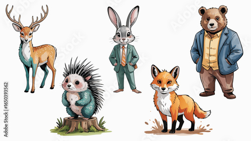 Cartoon Animals Dressed in Human Clothes A Deer, Hedgehog, Rabbit, Fox, and a Bear