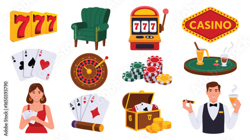 Casino elements Slot machines, roulette wheel, poker cards, gambling chips, cocktails and playing staff illustrations