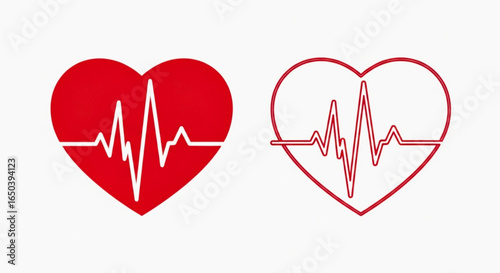 Heartbeat Graphics ECG Traces in Red Heart Shapes, Symbolizing Vital Signs and Health
