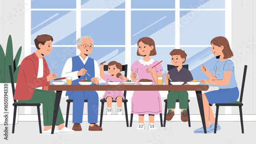 Family Gathering Together for a Meal at Home Dining Room Table Illustration