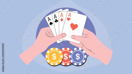 Holding Four Aces Poker Hand with Casino Chips Illustration on Blue Background