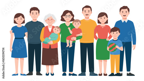 Illustrated Extended Family Portrait with Two Babies, a Boy, and Adults Smiling Together