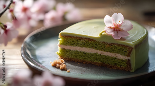 A slice of green matcha cake with white cream layers, garnished with a cherry blossom on a green plate.