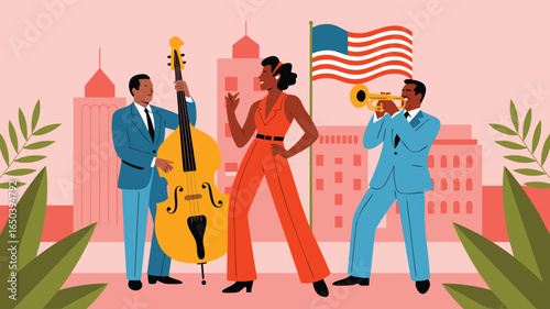Jazz Musicians Performing Against Cityscape with American Flag Illustration for Sale