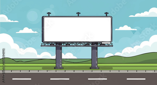 A large, blank billboard stands roadside with a scenic background.