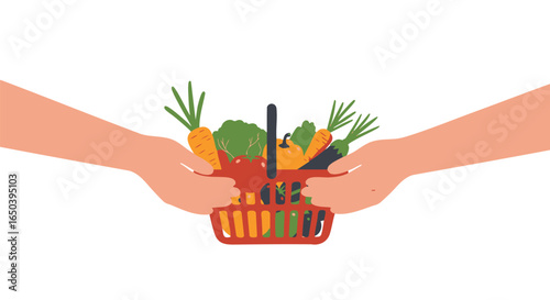 Vector illustration of two hands exchanging a grocery basket filled with fresh vegetables, symbolizing food donation, charity, and community support