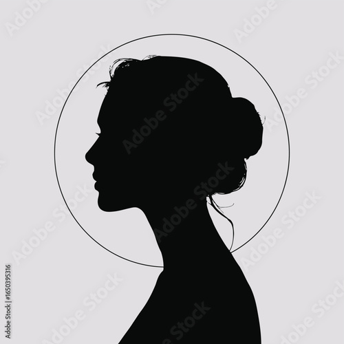Silhouette of a woman's profile with hair in a bun inside a circular frame female Vector illustration of