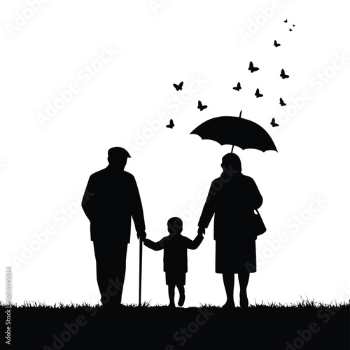 Silhouette of grandparents and child walking under an umbrella with butterflies Vector illustration of
