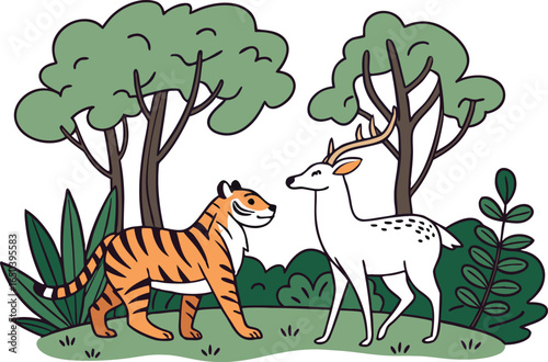 Natural Scene with Tiger and Deer Illustration. Tiger and Deer in Forest Natural Scene. Wildlife Natural Scene Featuring Tiger and Deer. Realistic Forest Scene with Tiger and Deer. Scenic Natural Land
