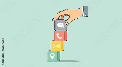 A hand builds a stack of colored blocks, each displaying communication icons, representing contact methods for customer service.