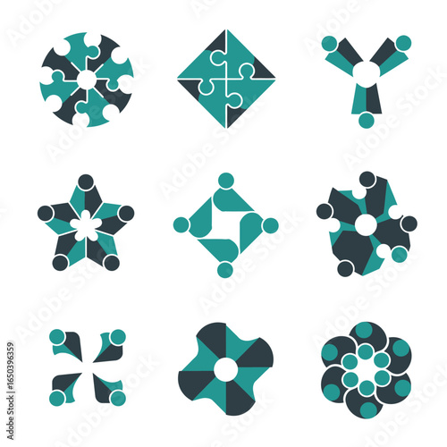 Abstract Puzzle Piece Logos Teamwork, Unity, and Connection Symbols