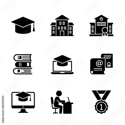 Education Icons Graduation Cap, School Buildings, Books, Online Learning, Diploma, and Award