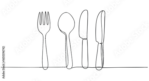 Minimalist continuous one line drawing of a cutlery set. Fork, spoon, and knives place setting vector illustration for restaurant and dining concepts