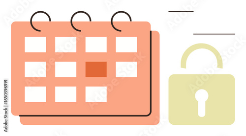 Calendar with highlighted date and adjacent padlock emphasizing safety and privacy. Ideal for data security, time management, privacy protection, online scheduling, restricted access, event planning