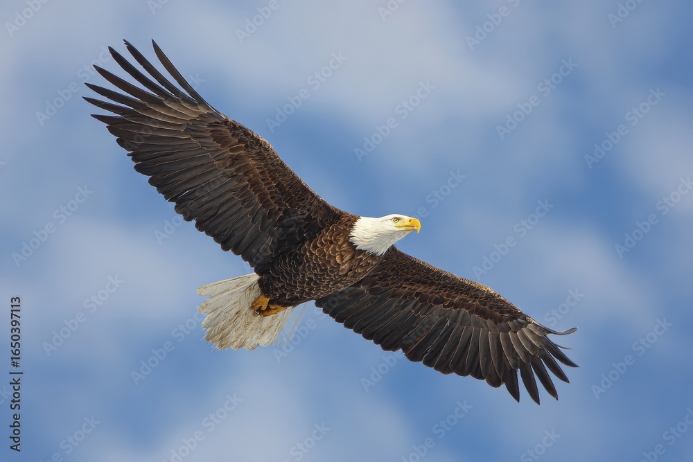 Bald eagle soars gracefully beneath a clear blue sky, wings spread wide, showcasing its majestic presence in the wild Bald eagle soars gracefully beneath a clear blue sky, wings spread wide, showcasing its majestic presence in the wild