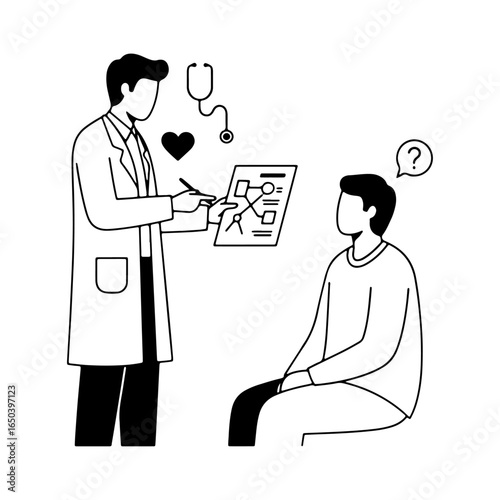 Health Counseling and Patient Education: A doctor is explaining health issues to a patient. The image can be used in health awareness, clinic, and health counseling advertisements.