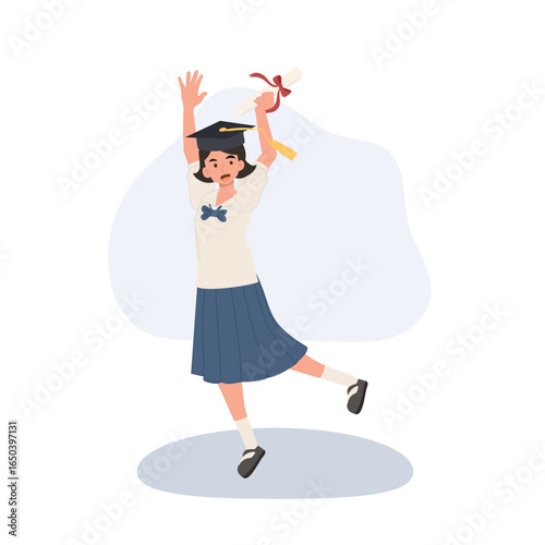graduation girl asian student in school uniform with cap and diploma jumping in celebration education success and achievement