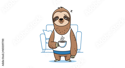 A sleepy sloth wearing a tank top holding a cup of coffee looking tired in front of a sofa